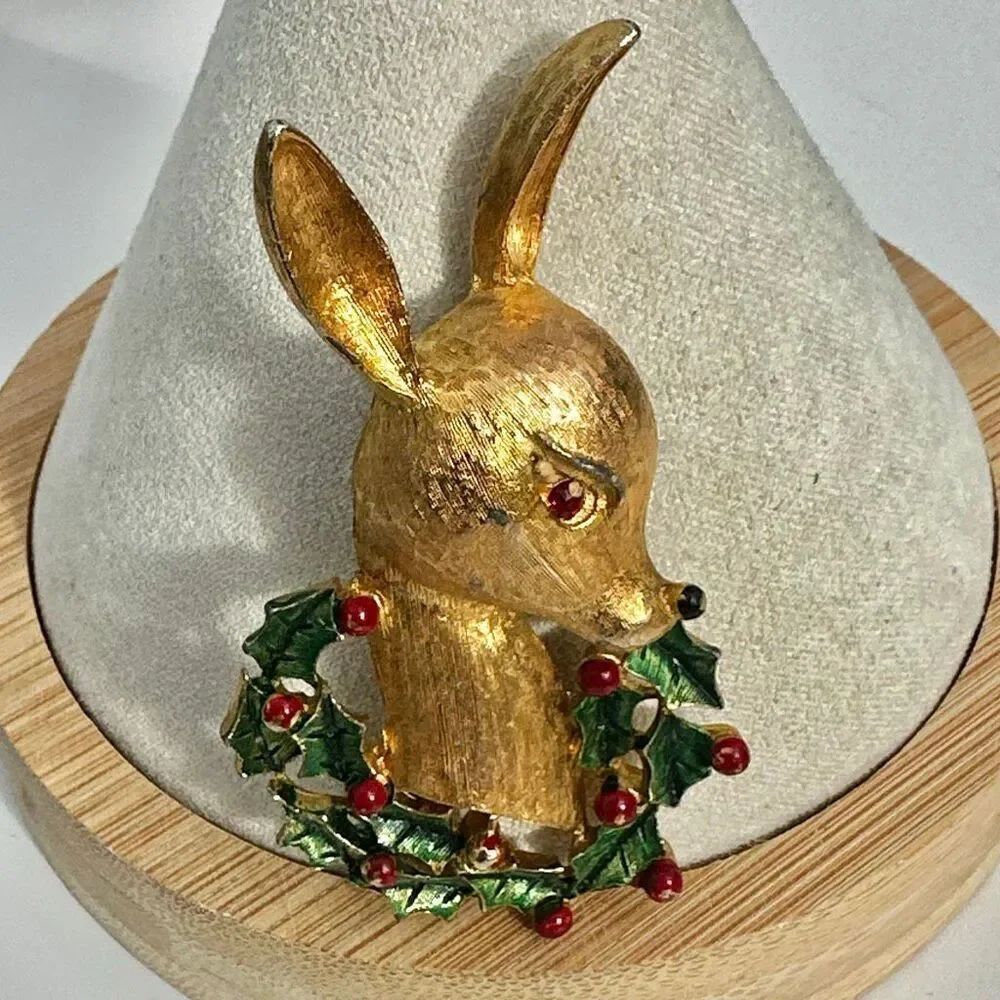 Vintage Gold-Tone Deer with Holly Wreath Christmas Brooch